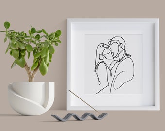 Kissing Couple Line Art Print, Minimalist Black and White (Digital Download)
