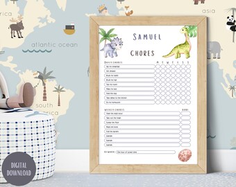 Tabla de tareas de dinosaurios para niños, editable e imprimible (descarga digital)