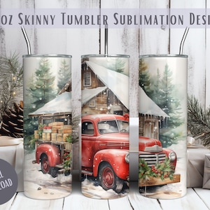 20oz Skinny tumbler, red truck Christmas wrap, watercolor Christmas tumbler sublimation design, festive holiday design