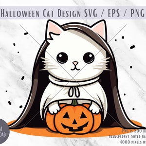 Cute Halloween Cat SVG PNG EPS sublimation file digital download, printable image, shirt sublimation design, cat with pumpkin trick or treat