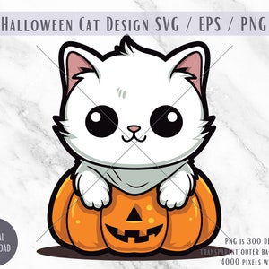 Cute Halloween Cat SVG PNG EPS sublimation file digital download, printable image, shirt sublimation design, cat with pumpkin trick or treat