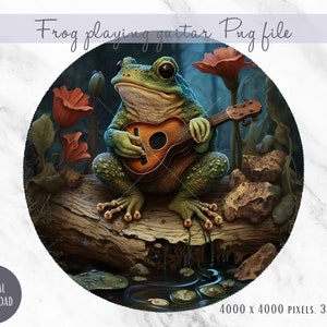 Frog playing a guitar, frog playing banjo on a log, cottagecore, goblincore, PNG file digital download, sublimation image, quality file