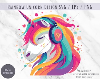 Unicorno arcobaleno con cuffie SVG, EPS, PNG (download digitale)