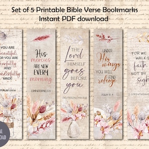 Printable Bible Verses Bookmarks, scripture, 5 downloadable bookmarks with Bible quotes, Digital download, instant download, Christian