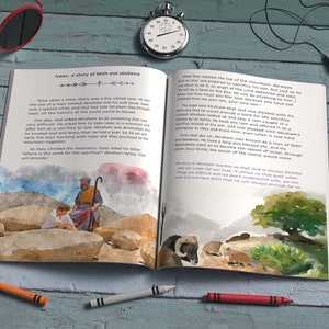 Op de afbeelding: Een open boek met aquarel illustraties die een verhaal over geloof en gehoorzaamheid vertellen. De tekst op de pagina luidt "Isaac, een verhaal over geloof en gehoorzaamheid".