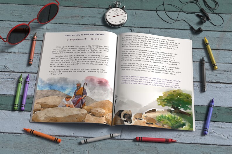 Op de afbeelding: Een open boek met aquarel illustraties die een verhaal over geloof en gehoorzaamheid vertellen. De tekst op de pagina luidt "Isaac, een verhaal over geloof en gehoorzaamheid".