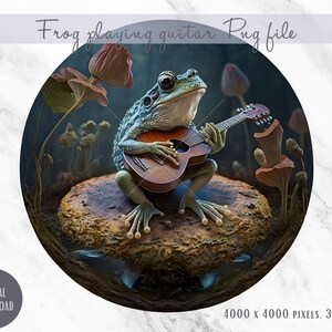 Frog playing a guitar, frog playing banjo on a log, cottagecore, goblincore, PNG file digital download, sublimation image, quality file