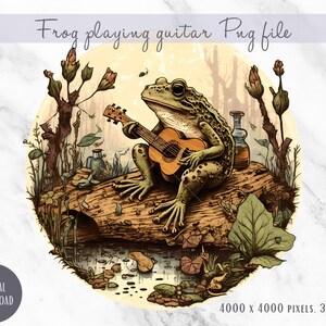 Frog playing a guitar, playing banjo on a log, cottagecore, goblincore, PNG file digital download, sublimation image, silhouette cameo