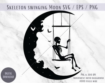 Scheletro che si dondola sulla luna SVG, Clipart gotico (download digitale)