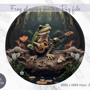 Frog playing a guitar, playing banjo on a log, cottagecore, goblincore, PNG file digital download, sublimation image, silhouette cameo