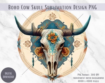 Acchiappasogni Boho con teschio di mucca PNG, design a sublimazione (download digitale)