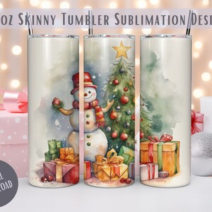 20oz Skinny tumbler, snowman and gifts Christmas wrap, watercolor Christmas tumbler sublimation design, festive holiday design