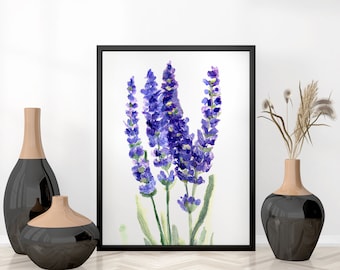 Stampa di una pianta di lavanda ad acquerello, arte botanica Cottagecore (download digitale)