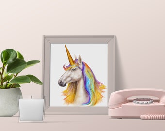 Stampa acquerello per cameretta con unicorno, decorazione per neonata (download digitale)