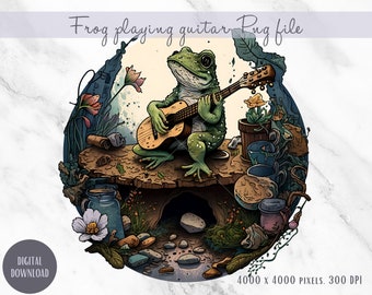 Cottagecore-groda som spelar gitarr, PNG-fil (digital nedladdning)