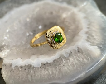 Gold Plated Sterling Silver Adjustable Ring W/High Quality Natural Oval Cut Diopside Crystal Stones, Rings, Stone Rings, Gemstone Rings