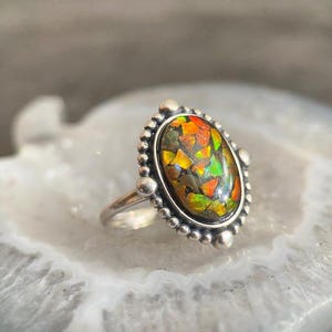 Ammolite Silver Adjustable Ring, Oval shaped Sterling Silver Ring W/High Quality Natural Ammolite Crystal Stones, Stone Ring, Gemstone Ring