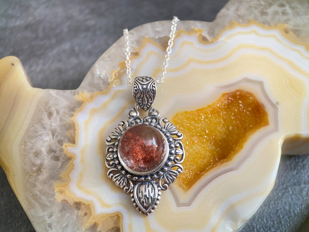 High Quality Red Garden Quartz Pendant With Sterling Silver Crystal Stones, Gemstone Pendant