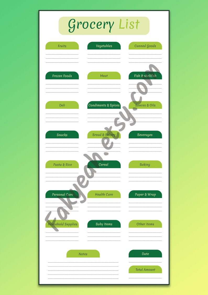Grocery List Template Grocery Categories Included Printable Etsy