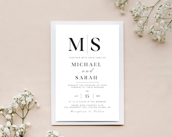 May include: A white rectangular wedding invitation card with black text featuring the initials M S at the top, followed by the names Michael and Sarah, the date February 15, 2023, and the location Grand Oaks Country Club in Staten Island, NY.