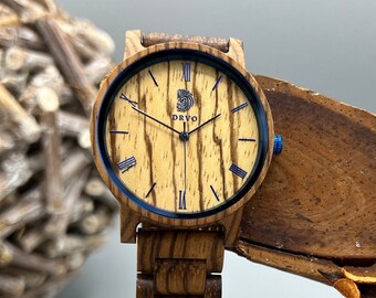 Drab(Zebrano/Skyblue) Wooden Watch - Fathers Day Gift - Anniversary Gift - Wooden Watches For Men - Boyfriend Birthday Gift - Groomsmen Gift