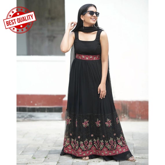 Buy Women's Rayon Solid Anarkali Black Kurta Pant with Kota Doriya Red  Dupatta Set (Medium) at Amazon.in