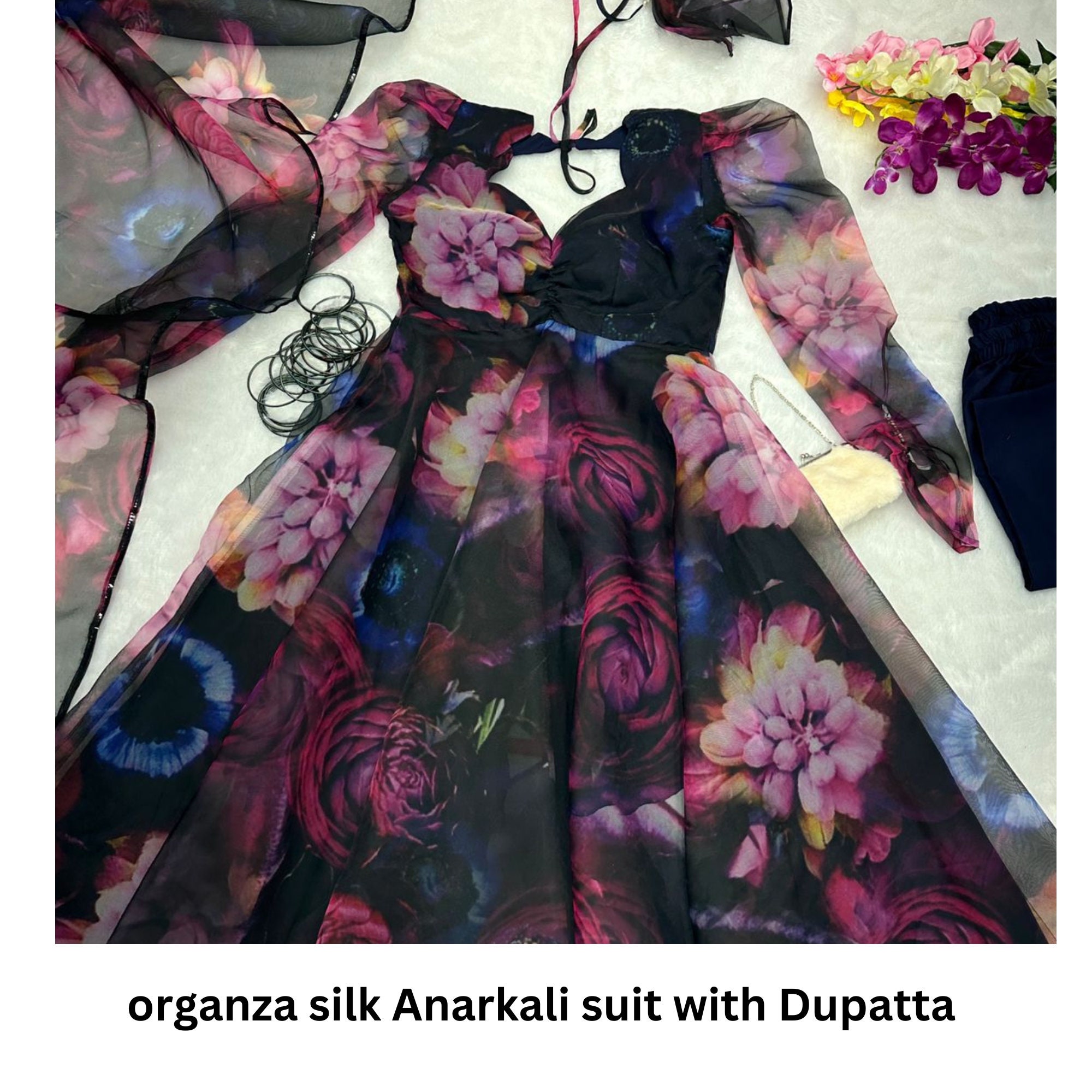 Organza Silk Anarkali Suit With Dupatta Set Women Anarkali Kurti