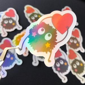 Soot Sprite Heart Die Cut Holographic Vinyl Sticker, Holo Vinyl Sticker, Water Resistant Sticker, Susuwatari Sticker