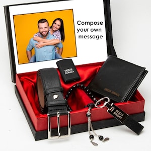 Personalisiertes Foto Portemonnaie Feuerzeug Schlüsselanhänger Rosenkranz und Gürtel Set & personalisierte Geschenke Set