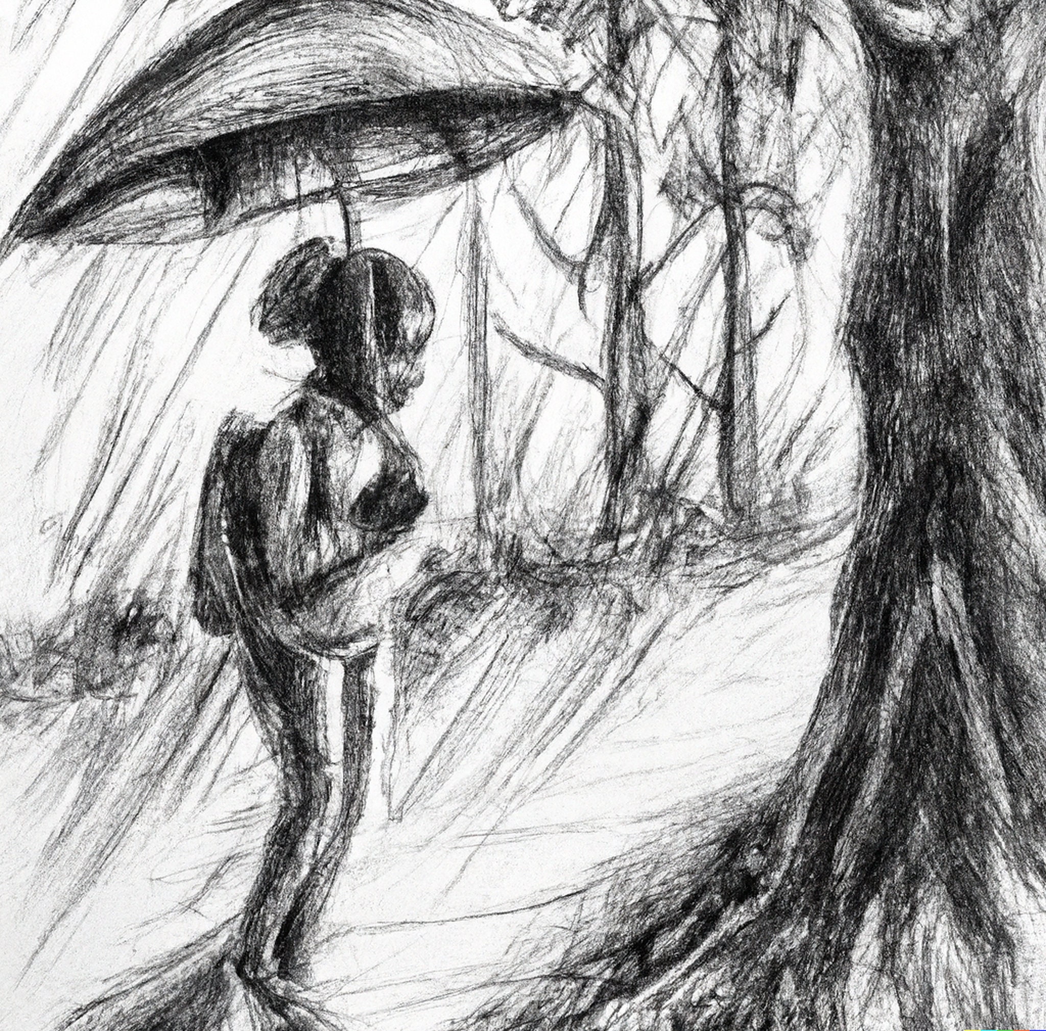 A Pencil Drawing of Girl on a Rainy Day Etsy
