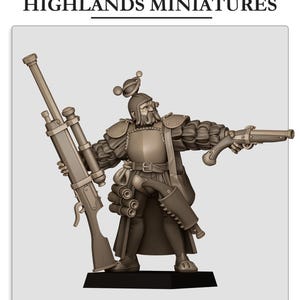 May include: A detailed miniature figure of a soldier in armour, holding a large rifle and a pistol. The figure is in a dynamic pose, with the rifle held at an angle and the pistol extended. The figure has a long coat and a hat with two spheres on top. The text "HIGHLANDS MINIATURES" is at the top.