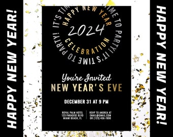 Invitación a la fiesta de Nochevieja, Feliz Año Nuevo, Invitación totalmente editable en Templett