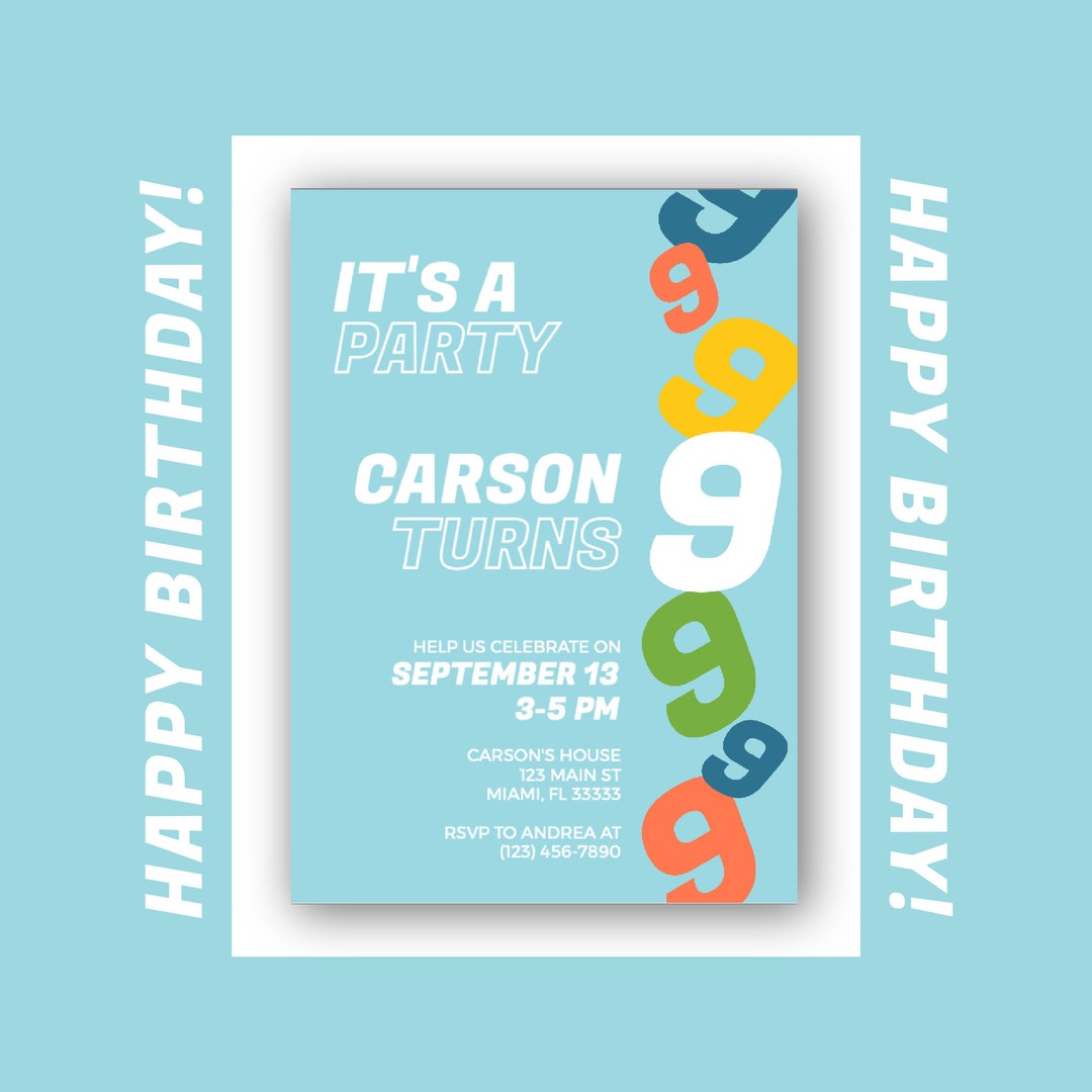 9th Birthday Party Invitation, Boy Birthday Party, Kid Birthday Party ...