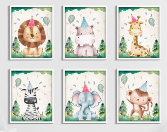 Party Safari Animals Print Set Birthday Decor Wall Art Wild Animals Bubblegum Nursery Animals Decor Jungle Download Printable 0001
