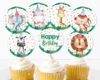 Adornos para cupcakes con temática de animales de fiesta, etiquetas de recuerdo, decoración de feliz cumpleaños, animales de safari, zoológico, cumpleaños salvaje, descarga digital imprimible 0001