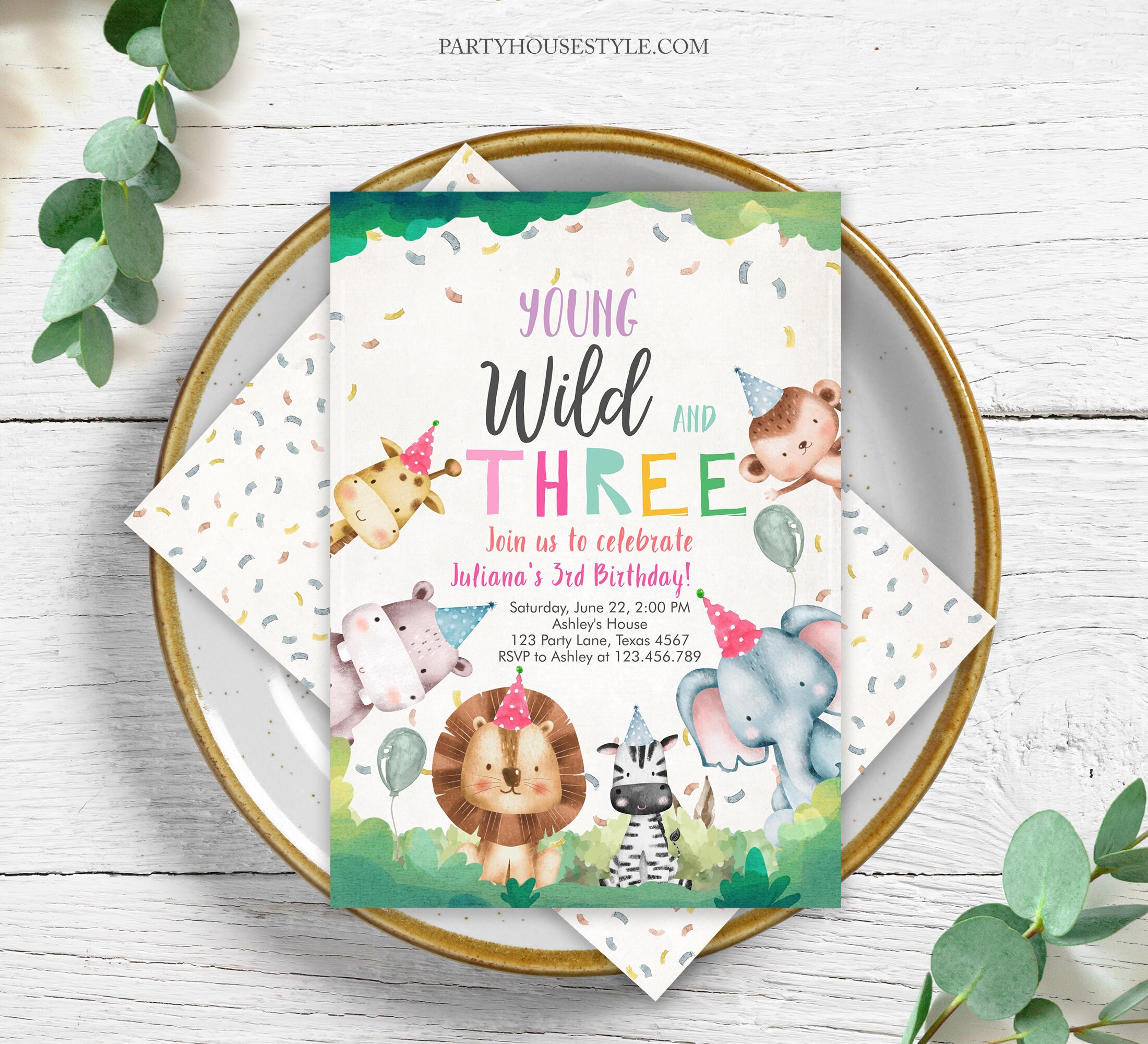 Editable Young Wild and Three Invitation Safari Animals Party Animals