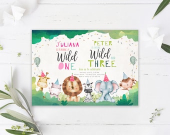 May include: A green and pink jungle-themed birthday invitation with a lion, giraffe, zebra, elephant, and monkey. The text reads "Juliana is turning a Wild One" and "Peter is turning a Wild and Three".