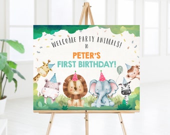 Editable Party Animals Welcome Sign Party Animal Sign Zoo Safari Welcome Jungle Sign Birthday Animals Boy Template Printable Corjl 0001