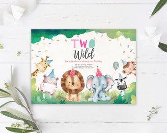 Editable Two Wild Birthday Invitation, Safari Animals Party Girl Invite (Printable Corjl Template) 0001