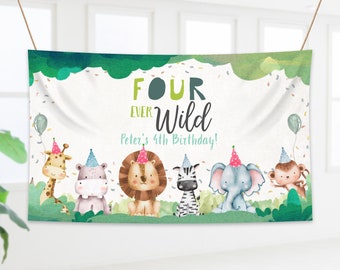Bearbeitbar Vier Ever Wild Party Tiere Hintergrund Banner Vierter Geburtstag Safari Tiere Junge Willkommensschild Druckbare Vorlage Corjl 0001
