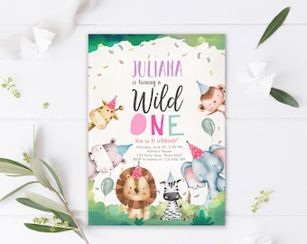 Editable Wild One Birthday Invitation Girl Safari Animals Invite Pink and Gold Party Animals Download Printable Template Corjl Digital 0001