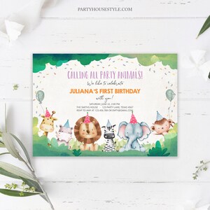 Bewerkbare feestbeesten verjaardagsuitnodiging wilde dieren uitnodiging dierentuin safari dieren meisje uitnodigingssjabloon downloaden afdrukbare Corjl 0001