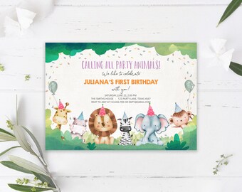 Editable Party Animals Birthday Invitation Wild One Animals Invitation Zoo Safari Animals Girl Download Invite Template Printable Corjl 0001