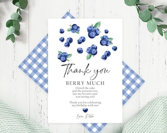 Editable Blueberry Thank You Card Berry First Birthday Berry Sweet Farmers Market Blueberries Boy Download Digital Printable Corjl 0008