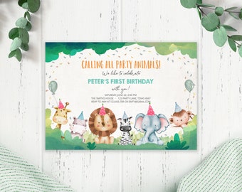 Editable Party Animals Birthday Invitation Wild One Animals Invitation Zoo Safari Animals Boy Download Invite Template Printable Corjl 0001