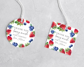 Editable Blueberry Strawberry Favor Tags Berry First Birthday Thank you Stickers Label Berry Farmers Market Digital Printable Template 0008