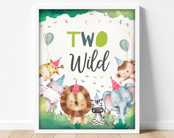 Animals Two Wild Birthday Sign Party One Wild Year Second Birthday 2nd Safari Boy Green Baby Party Animals Zoo Decor Download Printable 0001