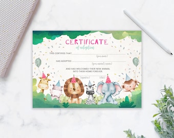 Certificado de Adoção de Animais da Savana | Adoção de Animais Selvagens | Festa de Aniversário com Tema Animal | Aniversário de Menina | Zoológico na Selva | Baixar para Imprimir 0001