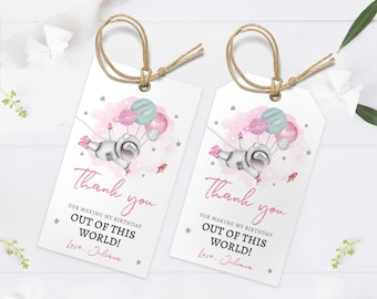 Editable Pink Astronaut Space Favor Tag, Pink Astronaut Planet Template, Galaxy Planets Thank You Label, Girl Birthday Printable Corjl 0004