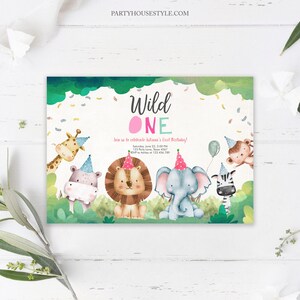Editable Wild One Birthday Invitation Girl Safari Animals Invite Pink Birthday Party Zoo Jungle  Printable Template Digital Corjl 0001
